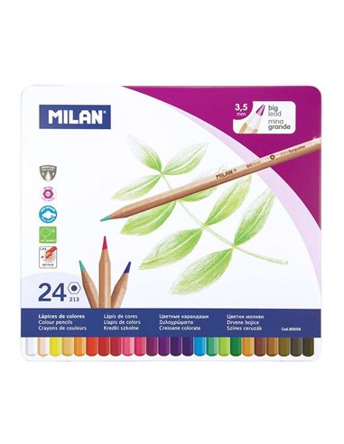 Milan - Paquet de 24 Crayons de Couleur Hexagonaux - Mine Épaisse 3,5 mm - Trait Uniforme - Incassable - Couleurs Assorties