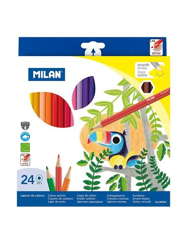 Milan - Paquet de 24 Crayons de Couleur Hexagonaux - Mine 2,9 mm - Trait Uniforme - Incassable - Couleurs Assorties