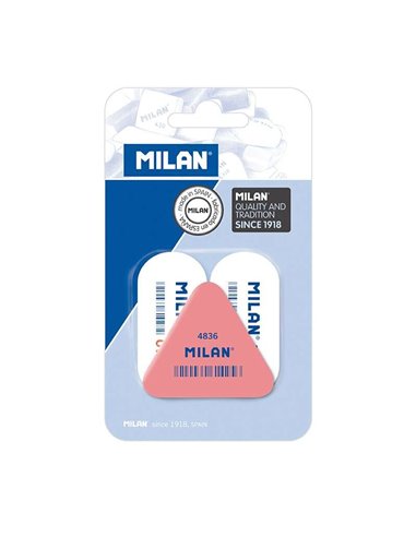 Milan - Pack de 2 Gommes Ovales Blanches 1018 + 1 Gomme Triangulaire Rose 4836 - Mie d'Ariane - Caoutchouc Synthétique Souple