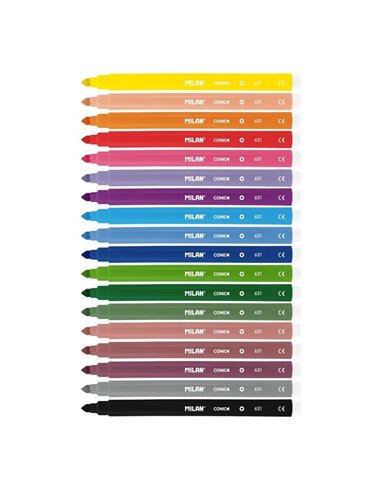 Milan - Pack de 18 Feutres - Pointe Conique 5mm - Encre à Eau - Lavable - Couleurs Assorties