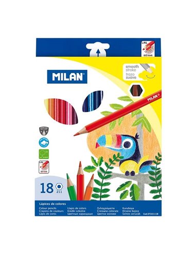 Milan - Paquet de 18 Crayons de Couleur Hexagonaux - Mine 2,9 mm - Trait Uniforme - Incassable - Couleurs Assorties