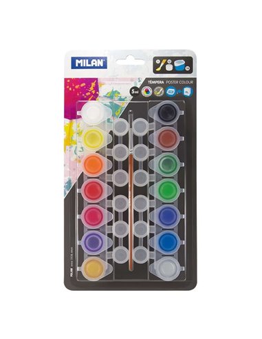 Milan - Pack de 14 Pots Tempera 5 ml + 12 Pots Mélangeurs + 1 Pinceau Série 101 - Séchage Rapide - Miscible - Couleurs Assorties