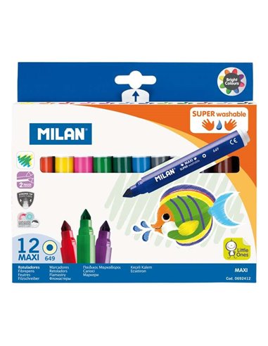 Milan - Pack de 12 Maxi Marqueurs Super Lavables - Pointe Conique 7,5 mm - Encre à l'Eau - Lavable - Couleurs Assorties