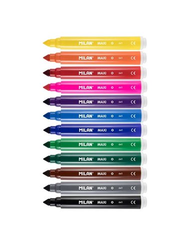 Milan - Pack de 12 Maxi Marqueurs - Pointe Conique 7,5 mm - Encre à Eau - Lavable - Couleurs Assorties