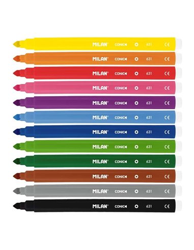 Milan - Pack de 12 Feutres - Pointe Conique 5mm - Encre à Eau - Lavable - Couleurs Assorties