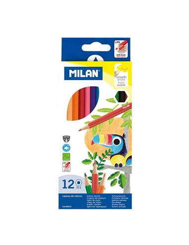 Milan - Paquet de 12 Crayons de Couleur Hexagonaux - Mine 2,9 mm - Trait Uniforme - Incassable - Couleurs Assorties