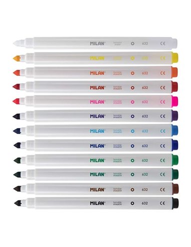 Milan - Pack de 11 Feutres Effaçables + 1 Feutre Gomme - Pointe Conique 5mm - Encre à Eau - Lavable - Couleurs Assorties