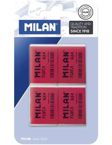 Milan - Nata 624 Pack de 4 Gommes Rectangulaires - Plastique - Souple - Non Abrasif - Coloris Rouge/Blanc