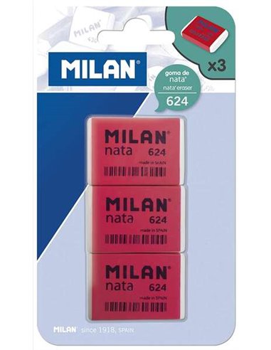 Milan - Nata 624 Pack de 3 Gommes Rectangulaires - Plastique - Souple - Non Abrasif - Coloris Rouge/Blanc