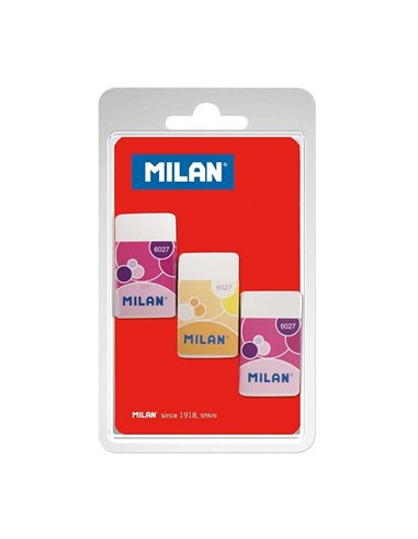 Milan - Nata 6027 Pack de 3 Gommes Rectangulaires - Fil d'Ariane - Plastique - Bande de Carton Couleurs Assorties - Blanc