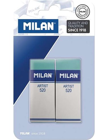 Milan - Nata 520 Artist Pack de 2 Gommes Rectangulaires - Plastique - Bande de Carton Blanc - N'abîme pas le Papier - Coloris Ve