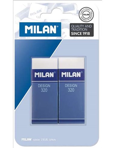 Milan - Nata 320 Pack de 2 Gommes Rectangulaires - Plastique - Bande Carton Bleue - Tous Types de Surfaces - Coloris Blanc