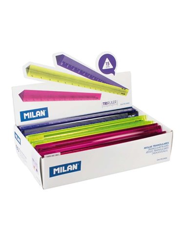 Milan - Présentoir de 60 règles triangulaires - Longueur 15 cm - Plastique - Couleurs assorties