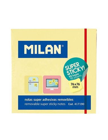 Milan - Bloc de 90 Notes Super Collantes - Amovibles - Plus Grande Permanence - 76mm x 76mm - Couleur Jaune Clair