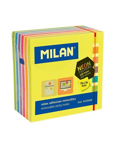 Milan - Bloc de 400 Notes Autocollantes Néon - Amovibles - 76 mm x 76 mm - Couleurs Assorties