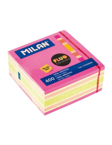 Milan - Bloc de 400 Notes Autocollantes Fluo - Amovibles - 76 mm x 76 mm - Couleurs Assorties