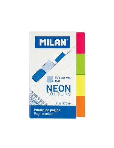 Milan - Bloc de 160 Page Points Néon - Amovible - Dimensions 50 mm x 20 mm - Couleurs Assorties