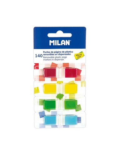 Milan - Bloc de 140 points de page colorés transparents - Plastique - Amovible - Dimensions 45 mm x 12 mm - Couleurs assorties