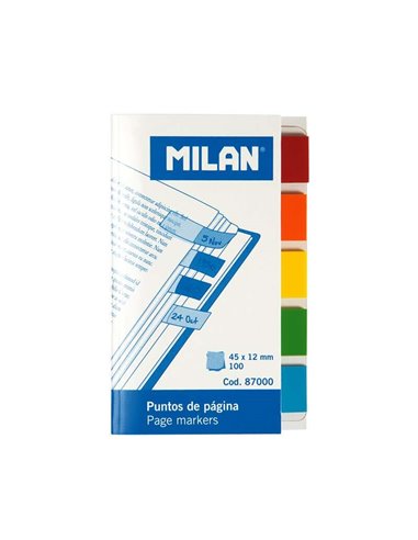 Milan - Bloc de 100 Points de Page Colorés - Partie Transparente Adhésive - Plastique - Amovible - Mesures 45mm x 12mm - Couleur