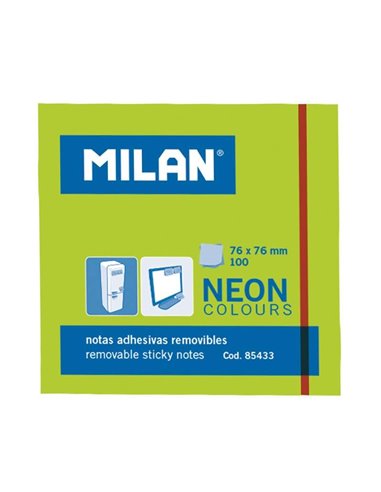 Milan - Bloc de 100 Notes Autocollantes - Amovibles - 76 mm x 76 mm - Couleur Vert Néon