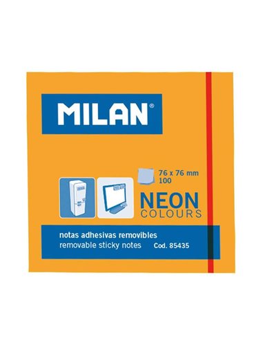 Milan - Bloc de 100 Notes Autocollantes - Amovibles - 76 mm x 76 mm - Couleur Orange Néon