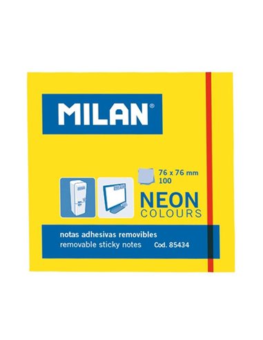 Milan - Bloc de 100 Notes Autocollantes - Amovibles - 76 mm x 76 mm - Couleur Jaune Fluo