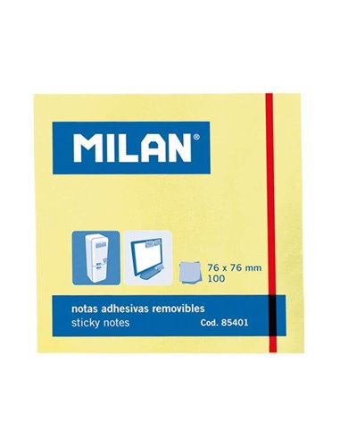 Milan - Bloc de 100 Notes Autocollantes - Amovibles - 76 mm x 76 mm - Couleur Jaune Clair