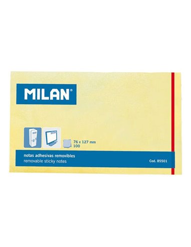 Milan - Bloc de 100 Notes Autocollantes - Amovibles - 76 mm x 127 mm - Couleur Jaune Clair