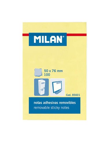 Milan - Bloc de 100 Notes Autocollantes - Amovibles - 50 mm x 76 mm - Couleur Jaune Clair