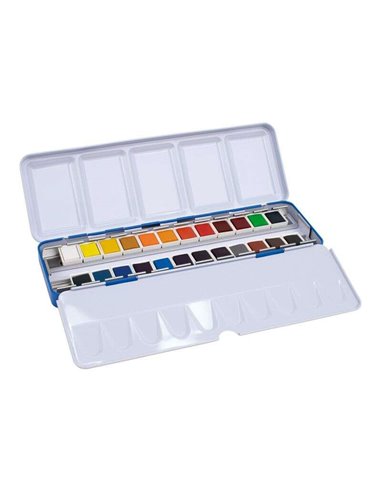 Milan - Coffret Art Metal de 24 Aquarelles Godet Moyen - Opaques et Résistantes à la Lumière - Miscibles - Plateau Pliant - Coul