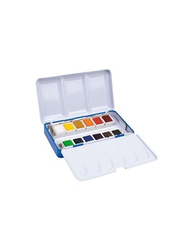 Milan - Coffret Art Metal de 12 Aquarelles Godet Moyen - Opaques et Résistantes à la Lumière - Miscibles - Plateau Pliant - Coul