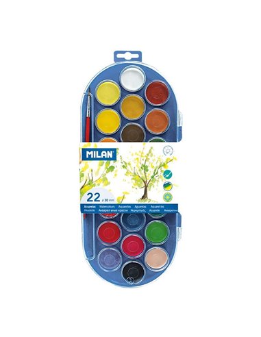 Milan - 80022 Etui de 22 Aquarelles Ø30 mm + Pinceau Série 101 - Miscible - Couleurs Assorties