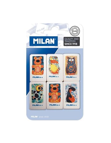 Milan - 436A Pack de 6 Gommes Rectangulaires - Fil d'Ariane - Caoutchouc Synthétique Souple - Dessins Enfants Assortis - Couleur