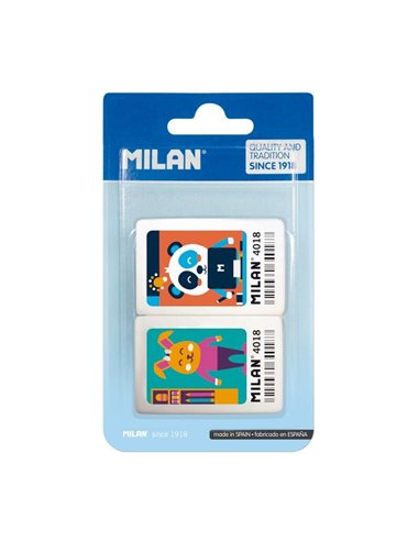 Milan - 4018 Lot de 2 Gommes Rectangulaires - Fil d'Ariane - Caoutchouc Synthétique Souple - Dessins en Couleurs pour Enfants