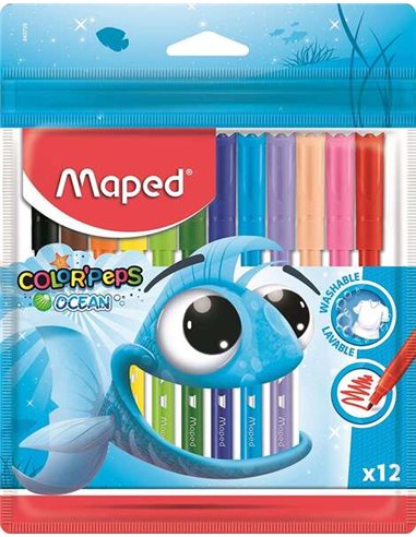 Maped - Marqueurs Color'Peps Ocean - Pointe Moyenne Bloquée 2 mm. - Ogival, Doux et Flexible - Couleurs vives et vives - Encre l