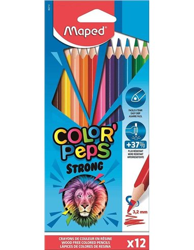 Maped - Crayons de Couleur Triangulaires Color´Peps Strong - Sans Bois - Mine 3,2 mm - Pointe Ultra Résistante - Couleurs Assort