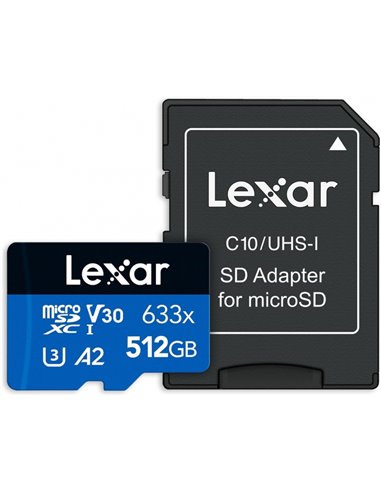 Lexar - Carte mémoire microSDXC UHS-I 633x 512 Go - Haute capacité - Vitesse de lecture jusqu'à 100 Mo/s - Adaptateur SD inclus 