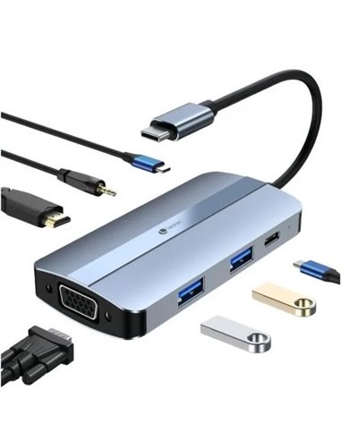 Leotec - 7 en 1 USB-C vers 1xHDMI, 1xVGA, 1xUSB-A 3.0, 1xUSB-A 2.0, 1xUSB-C, 1x USB-C PD, 1xAdaptateur audio - Couleur Gris