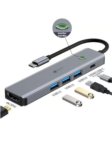 Leotec - 5 en 1 USB-C vers 1xHDMI, 3xUSB-A 3.0, 1xPD 100W+Adaptateur USB-C - Gris