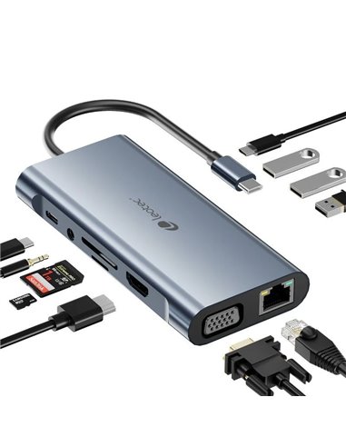 Leotec - 11 en 1 USB-C vers 1xHDMI, 1xVGA, 1xRJ45, 3xUSB-A 3.0, 1xUSB-C PD, 1xUSB-C, 1xTF+1xSD, 1x Adaptateur audio - Couleur Gr