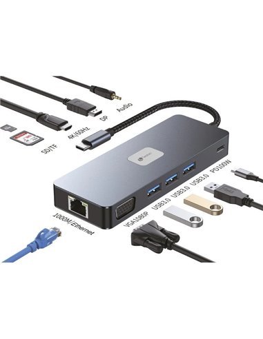 Leotec - Adaptateur 11 en 1 Plus USB-C vers 1xDisplayPort, 1xHDMI, 1xVGA, 1xRJ45, 3xUSB-A 3.2, 1xUSB-C PD, 1xTF+1xSD, 1x Audio -