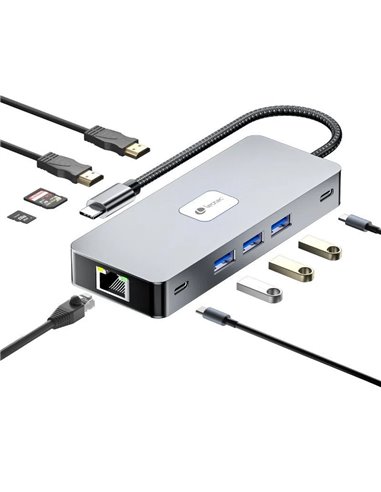 Leotec - 10 en 1 USB-C vers 2xHDMI, 1xRJ45, 3xUSB-A 3.0, 1xUSB-C PD, 1xUSB-C, 1xTF/SD+1xAdaptateur MicroSD - Gris