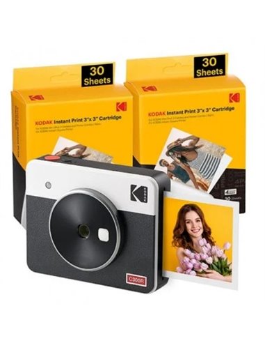 Kodak - Pack Appareil Photo Numérique Instantané Rétro Mini Shot 3 Bluetooth + 60 Feuilles de Papier Photo 7,62x7,62 cm - Écran 