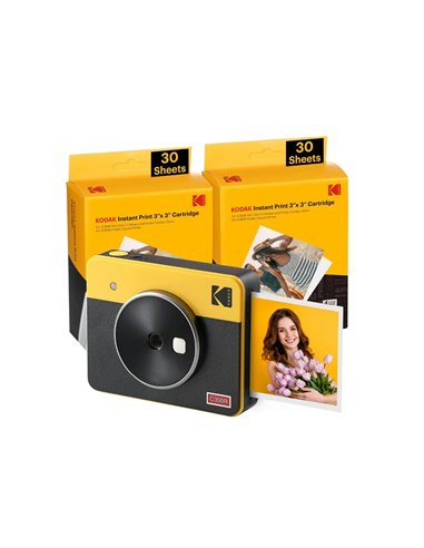 Kodak - Pack Appareil Photo Numérique Instantané Rétro Bluetooth Mini Shot 3 + 60 Feuilles de Papier Photo 7,62x7,62 cm - Écran 