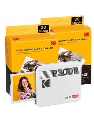 Kodak - Pack Mini 3 Rétro d'Imprimante Photo Portable Bluetooth + 60 Feuilles de Papier Photo - Format d'impression 7,62x7,62 cm