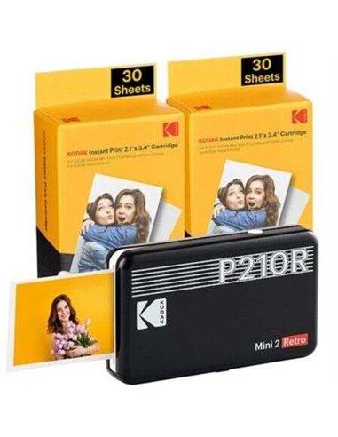 Kodak - Pack Mini 2 Rétro d'Imprimante Photo Portable Bluetooth + 60 Feuilles de Papier Photo - Format d'impression 5,3x8,6 cm -