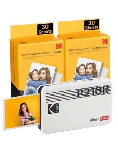 Kodak - Pack Rétro Mini 2 d'Imprimante Photo Portable Bluetooth + 60 Feuilles de Papier Photo - Format d'impression 5,3x8,6 cm -