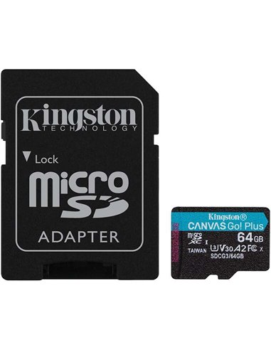 Kingston - Carte Micro SDXC 64 Go UHS-I U3 V30 Classe 10 170 Mo/s Canvas Go Plus avec adaptateur