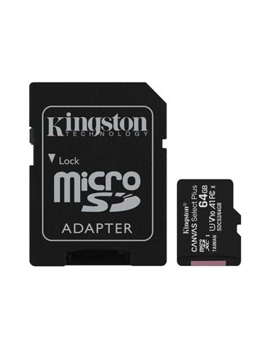 Kingston - Carte Micro SDXC 64 Go Classe 10 100 Mo/s Canvas Select Plus + Adaptateur SD