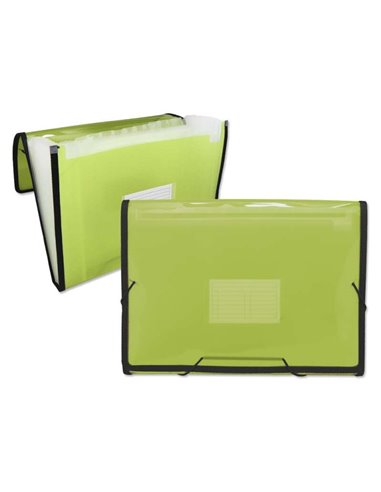 Ingraf - Chemise à soufflets 13 pochettes format A4 - Polypropylène translucide - Elastiques et rabats - Couleur Vert